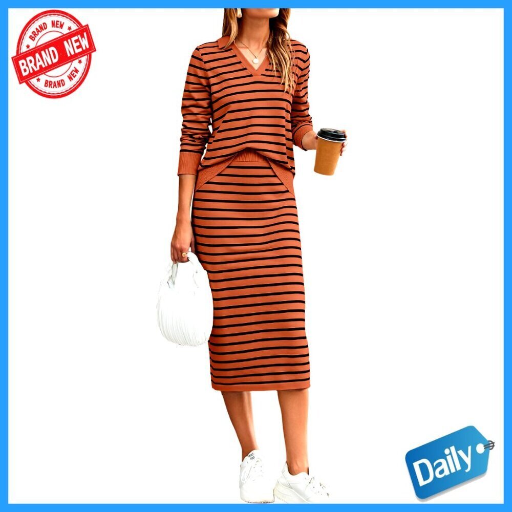 Striped Sweater Skirt Set Long Sleeve Midi Dress Fall Outfit